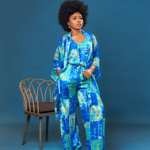 3 Piece Silk-Chiffon Pant Set in Blue/Green Mix