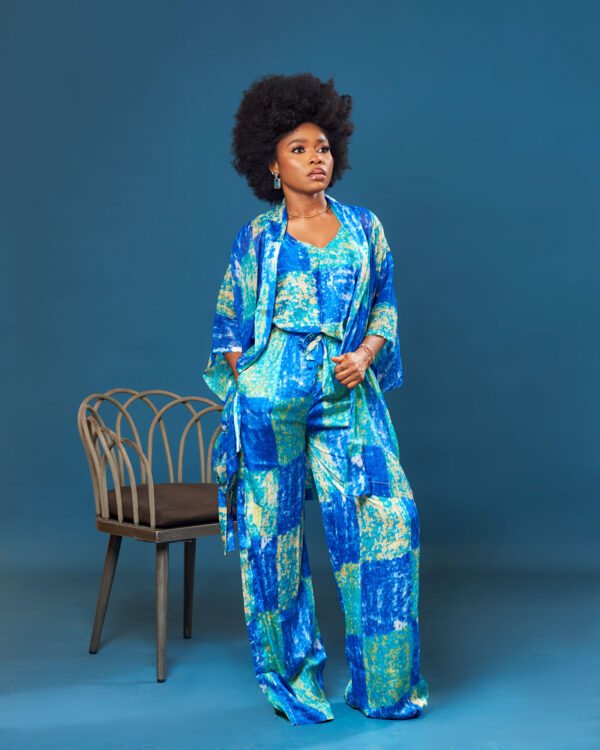 3 Piece Silk-Chiffon Pant Set in Blue/Green Mix