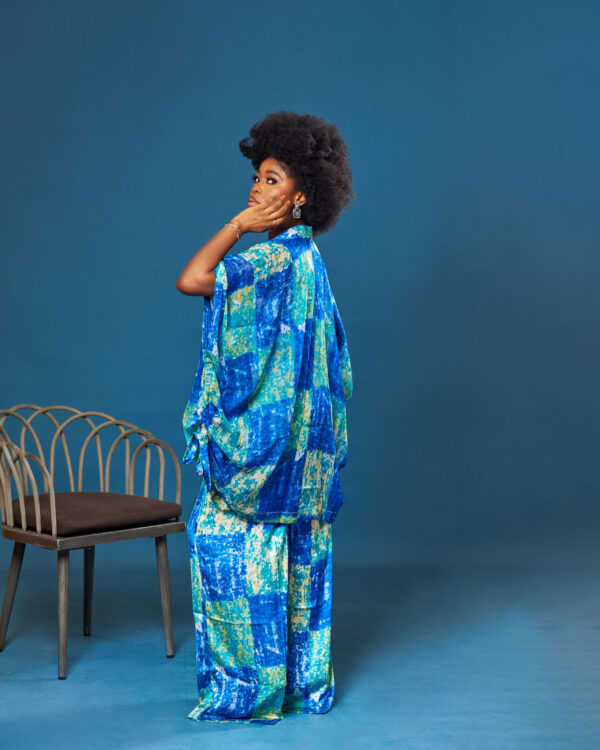 3 Piece Silk-Chiffon Pant Set in Blue/Green Mix - Image 6