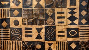 Traditional Bogolan (Mud Cloth) fabric from Mali, featuring earth-toned colors like brown, black, and cream, with bold geometric patterns created using fermented mud dye, symbolizing cultural stories and traditional artistry.