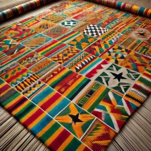 Traditional Kente cloth from Ghana, featuring vibrant colors like gold, red, green, and blue, with detailed geometric patterns symbolizing cultural heritage.