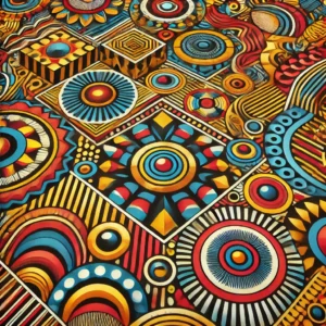 African wax print fabric (Ankara) with bold, colorful geometric patterns in red, yellow, and blue, symbolizing modern African fashion and culture.