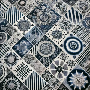 Adire cloth from Nigeria with intricate tie-dye patterns in deep blue and white, showcasing geometric shapes and abstract designs, reflecting traditional Yoruba craftsmanship.